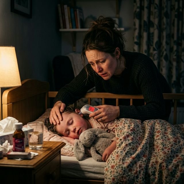 Mãe muito preocupada medindo a febre do filho de madrugada